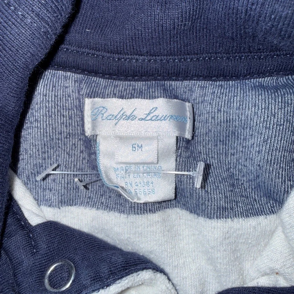 Ralph Lauren Velour Cardigan 6M Navy Gray Striped Shawl Collar Pony Logo